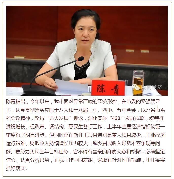 陳青在市政府全體會(huì)議上強(qiáng)調(diào)：緊盯一個(gè)目標(biāo)抓好九大任務(wù)落實(shí)強(qiáng)化三項(xiàng)保障，確保全市經(jīng)濟(jì)社會(huì)持續(xù)快速發(fā)展